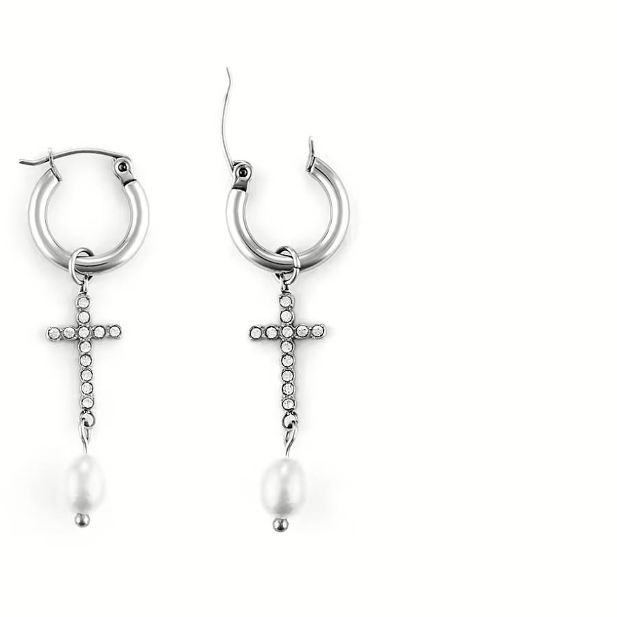 Orecchini Donna 4US Cesare Paciotti Acciaio Cerchio perla croce zirconata 4UOR6473W